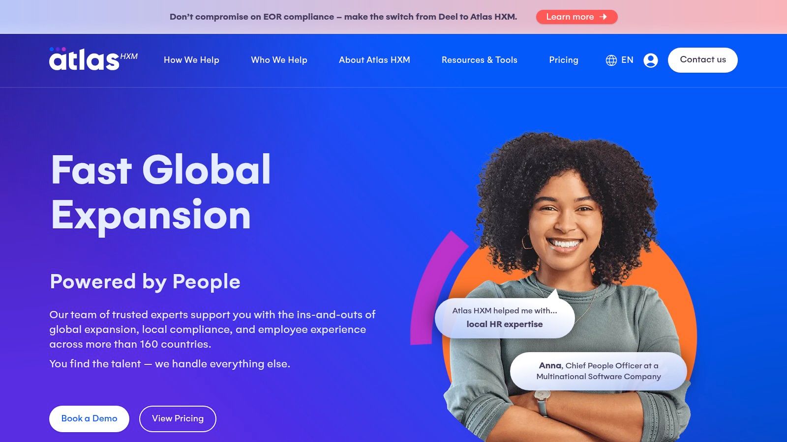 Deel alternatives global HR dashboard from Atlas HXM, showing employee data and analytics