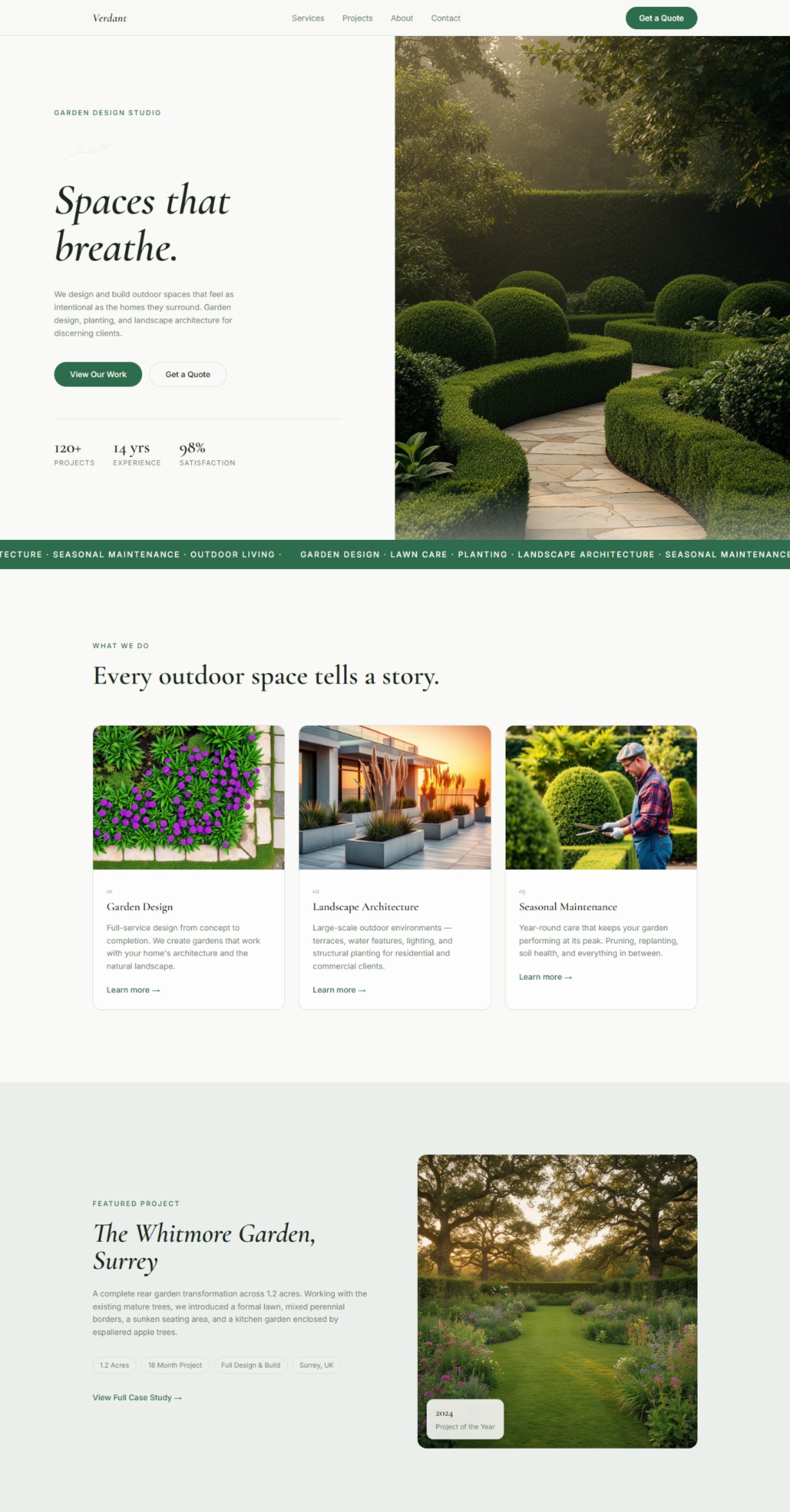 Landscaping Website Prompt preview — hero section with split layout, italic serif headline "Spaces that breathe", formal garden photography, stats row, and green marquee ticker