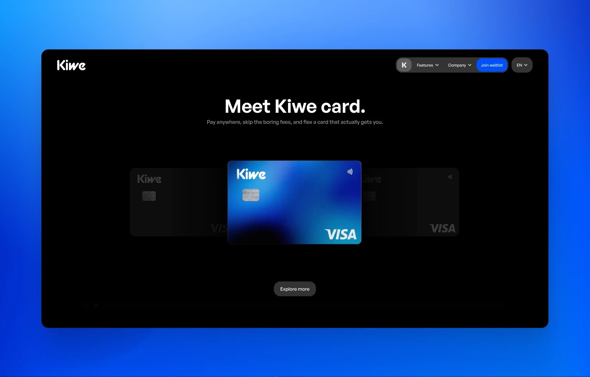 Kiwe Bank website card showcase page — Kiwe Visa card carousel with Explore more CTA