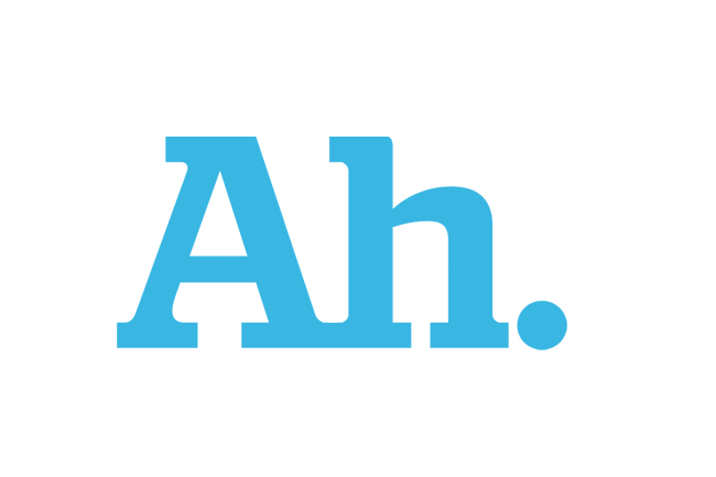 The image shows a logo consisting of the letters “Ah.” in a light blue color. The letters are stylized with a serif typeface. A small blue circle is positioned to the right of the letter “h.” The logo is set against a plain white background.