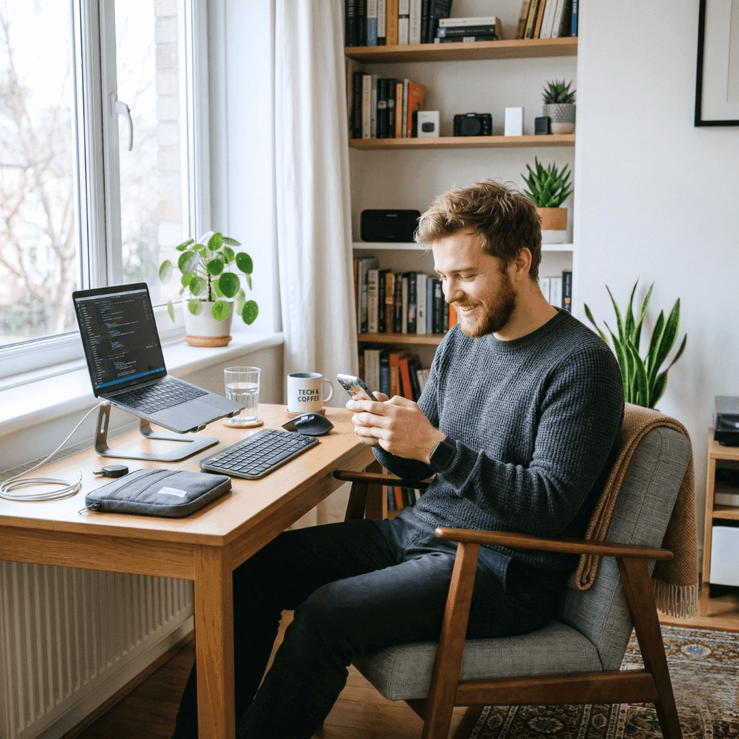 Person sitting at a desk with a laptop and phone, browsing online for electronics