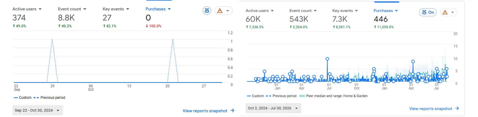 Google Analytics dashboard comparison showing significant growth in traffic and sales metrics.