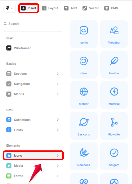 Menu Insert de Framer montrant l’accès à la section Icons intégrée à l’éditeur