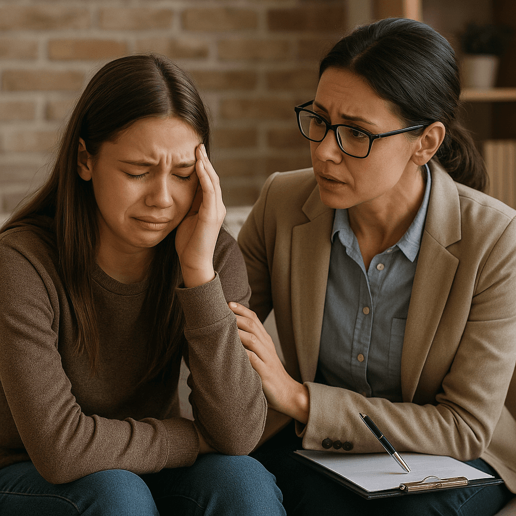  A female therapist with glasses gently comforting a distressed teenage girl who is crying with her hand on her forehead, during a counseling session.