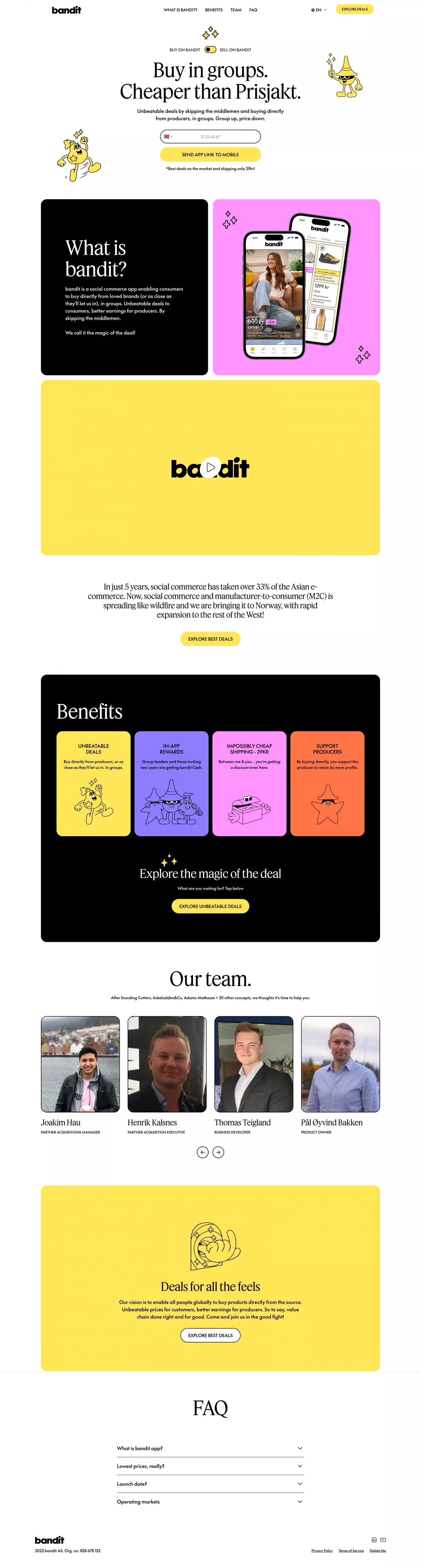 bandit app - website landing page screenshot showcasing Tech and Fashion design