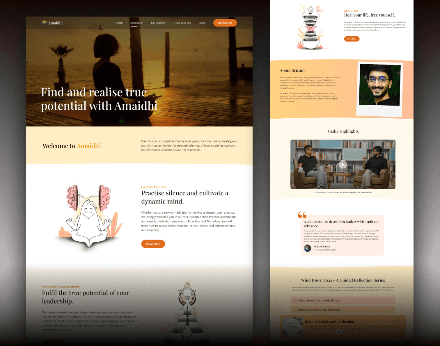 Amaidhi website pages showing 'Find and realise true potential with Amaidhi' sunset hero banner, Welcome to Amaidhi introduction section, 'Practise silence and cultivate a dynamic mind' meditation offering with brain illustration, 'Fulfil the true potential of your leadership' section with trophy imagery, 'Heal your life, free yourself' service overview, About Sriram founder profile with photo, Media Highlights video section, testimonials describing Amaidhi as 'a unique path to designing leaders with depth and efficacy', and 'What Dawn 2024 - A Guided Reflection Series' event promotion with three-day program details