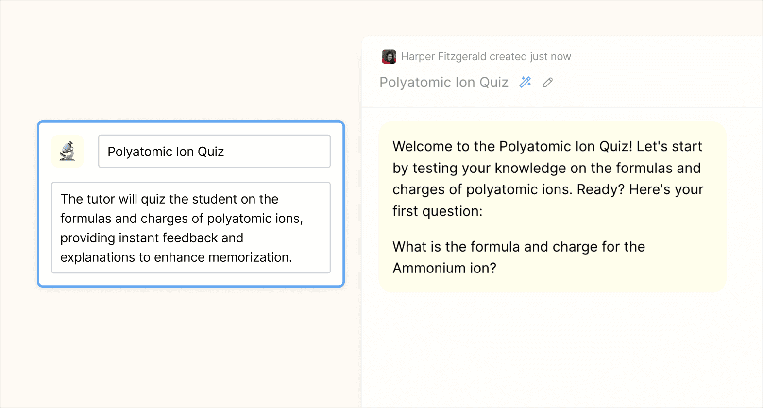 Tutor type and initial prompt showing a quiz-like conversation structure.