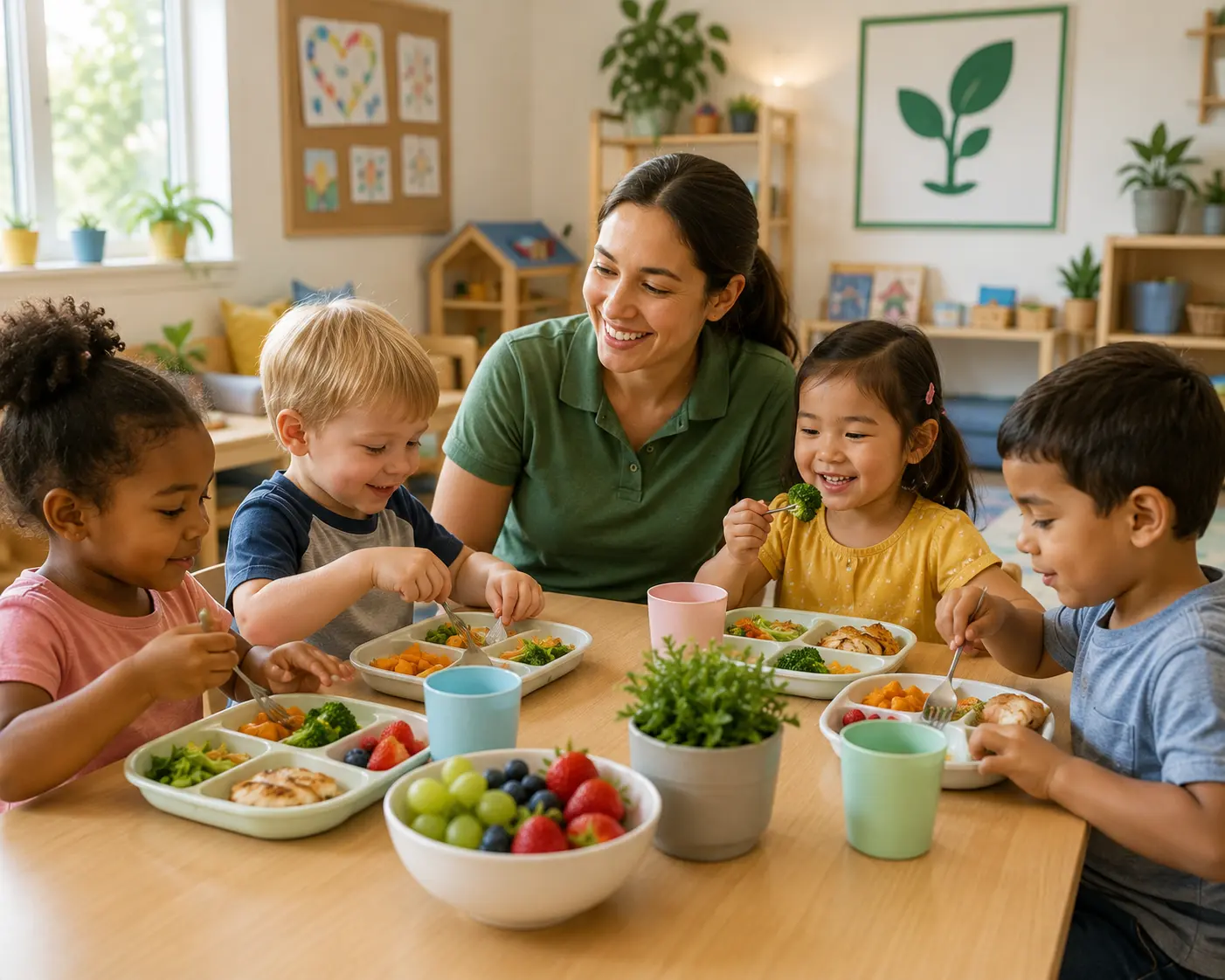 A woman smiles at four children eating vegetables and fruit in a child-friendly room.