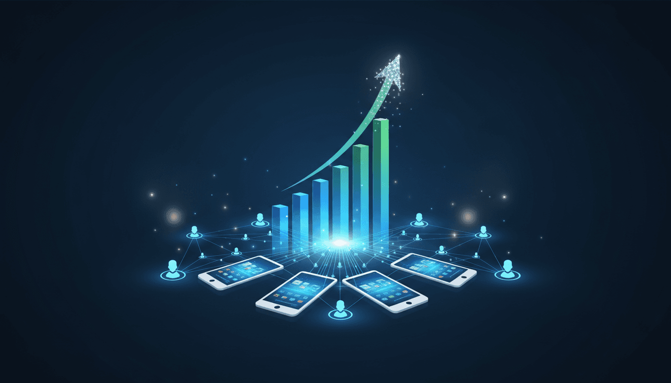 Visual representation of mobile app development and digital growth, showcasing connected devices, user engagement, analytics, and scalable technology solutions for modern businesses.