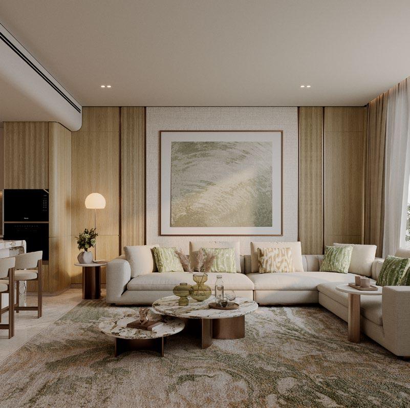 Spacious contemporary lounge with marble coffee tables. Luxury living room design at Binghatti Titania.