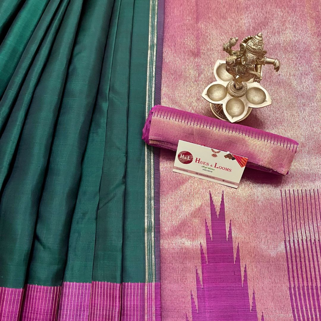 Sapphire Green and Magenta Kanchivaram Silk Saree