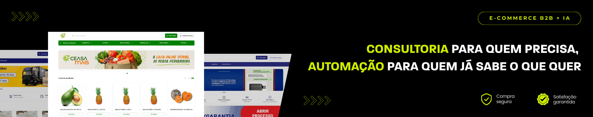 Banner horizontal com fundo escuro, ícones de segurança e satisfação, e imagens de lojas B2B exibidas à esquerda. Elementos gráficos em verde destacam o tema de e-commerce B2B com IA.