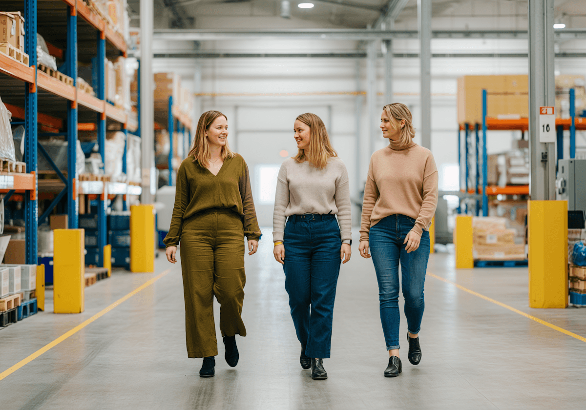 Three women walking and talking together in a large warehouse.