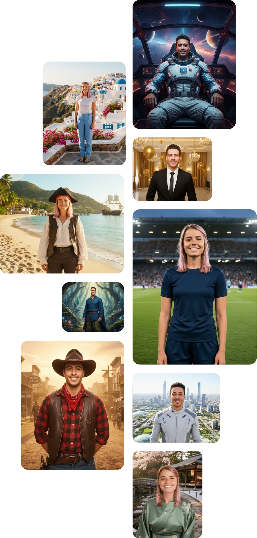 Collage of predefined AI templates for event visuals in different image styles and portrait styles