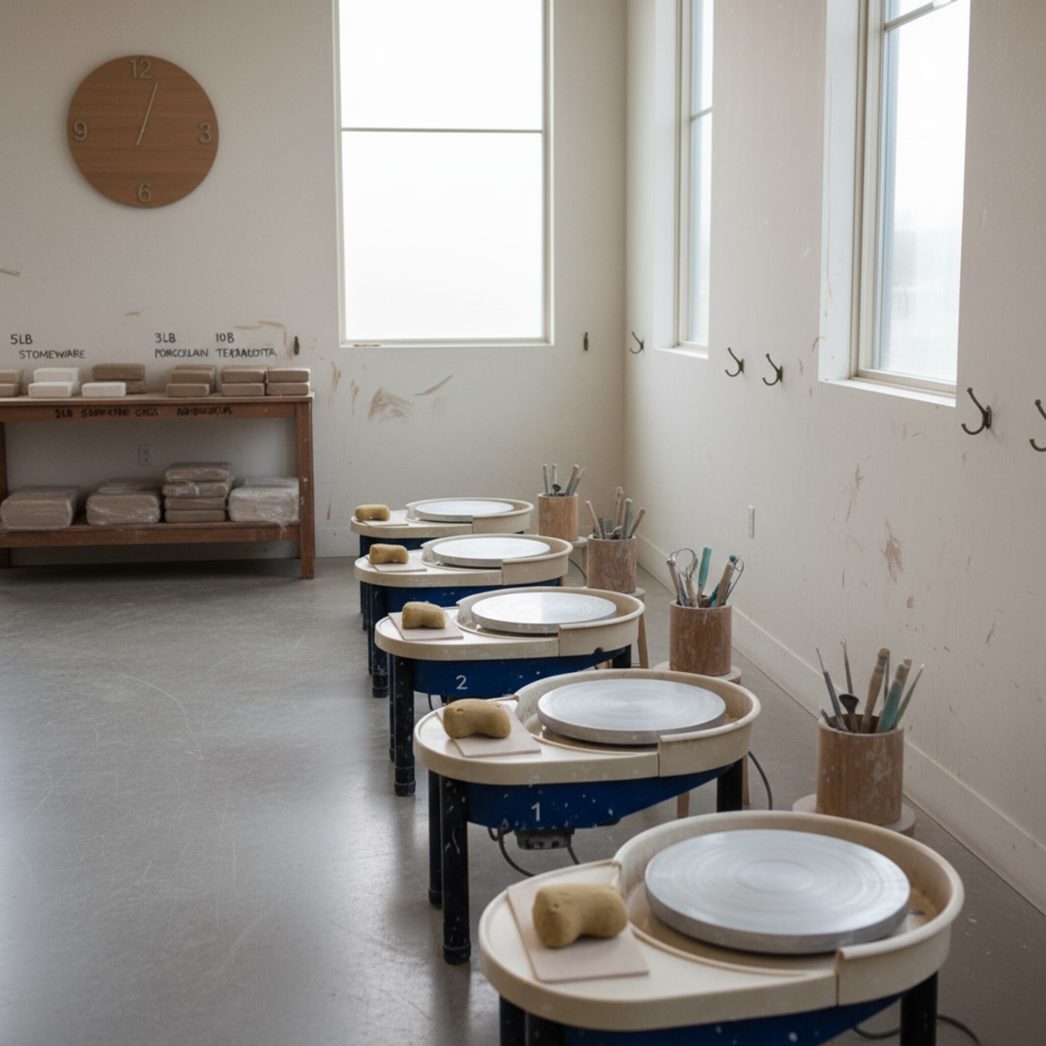 Nummerierte Drehscheiben stehen in einer hellen Reihe, jede mit frisch gereinigter Wasserwanne und Schwamm. Auf einem Sideboard liegen abgewogene Tonpakete, ordentlich beschriftet. Die Szene wirkt bereit und ruhig, als würde gleich die nächste Session beginnen. Ein leises Echo im hohen Raum wirkt inspirierend.