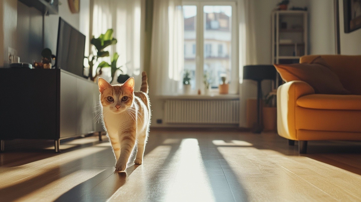 A cat walking in a living room