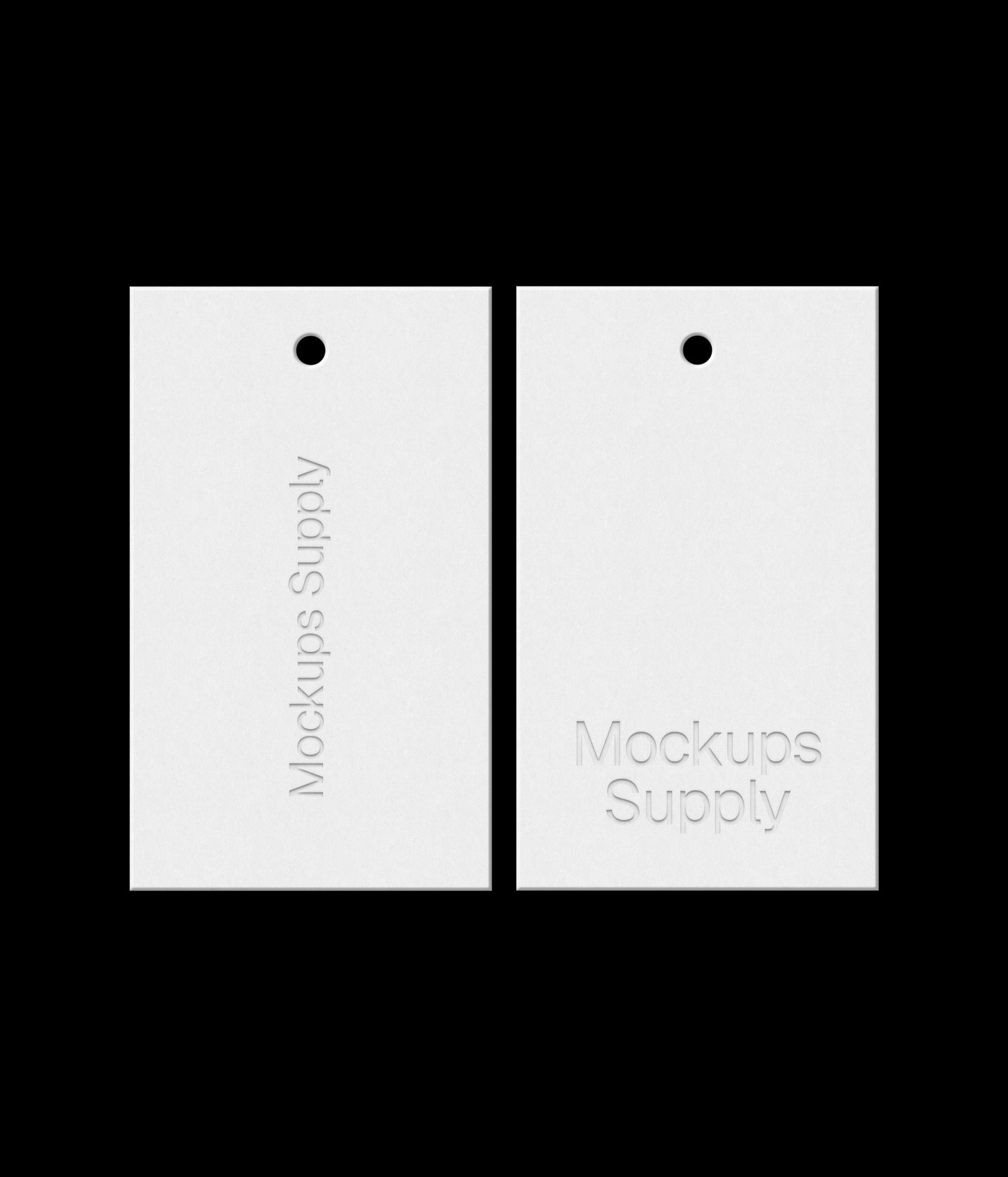 Two white 3x5 hang tags mockup on black background with debossed logo effect for Photoshop download psd