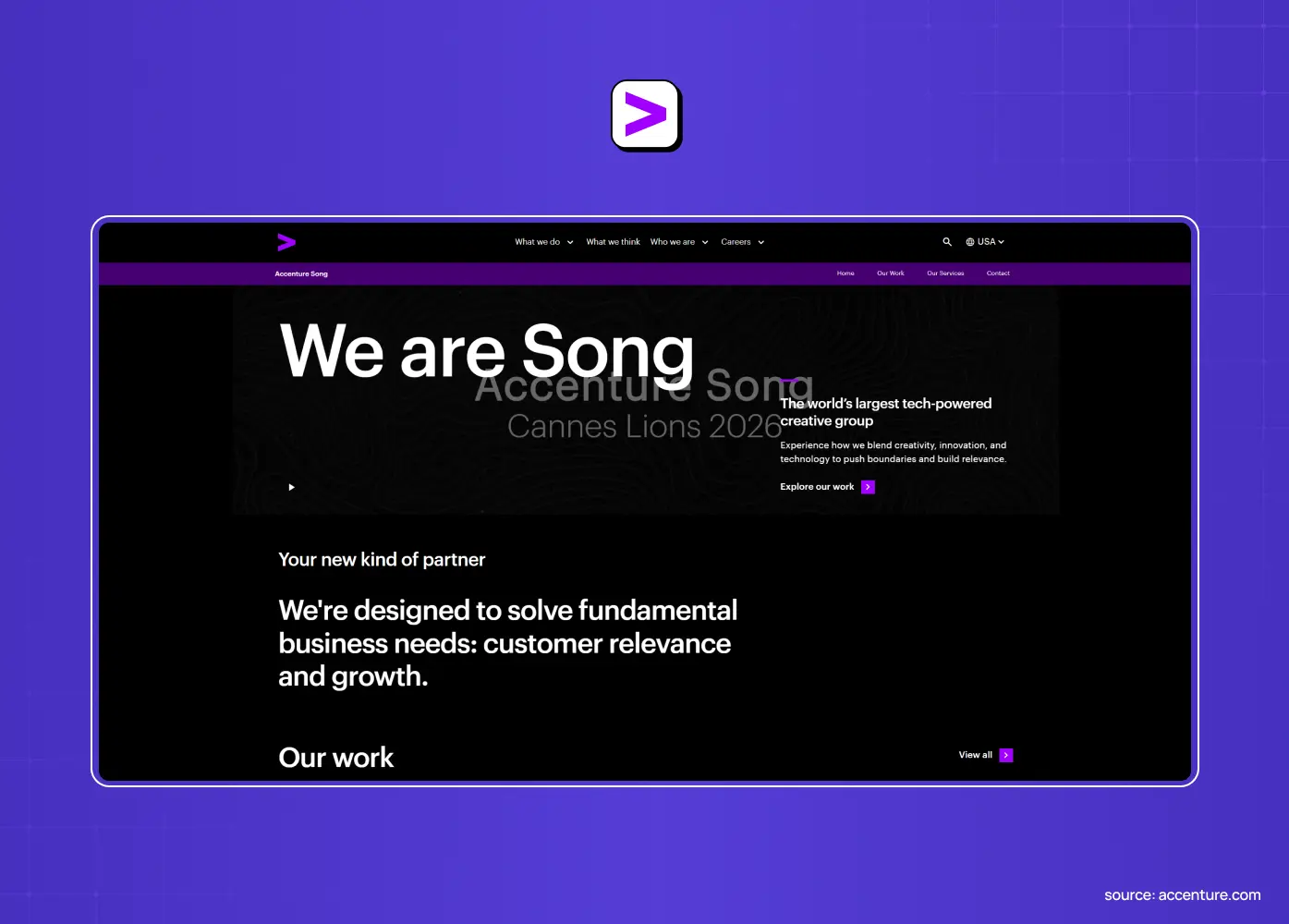 Accenture Song's enterprise digital transformation agency homepage featuring a dark interface, bold messaging, and business-focused design solutions. 