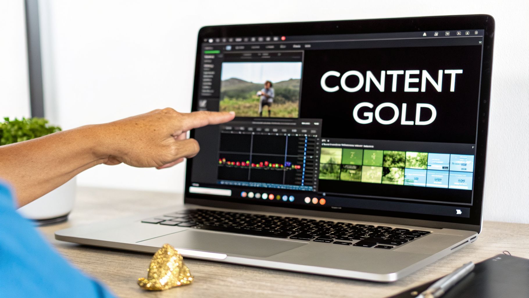 A hand points to a laptop displaying video editing software with