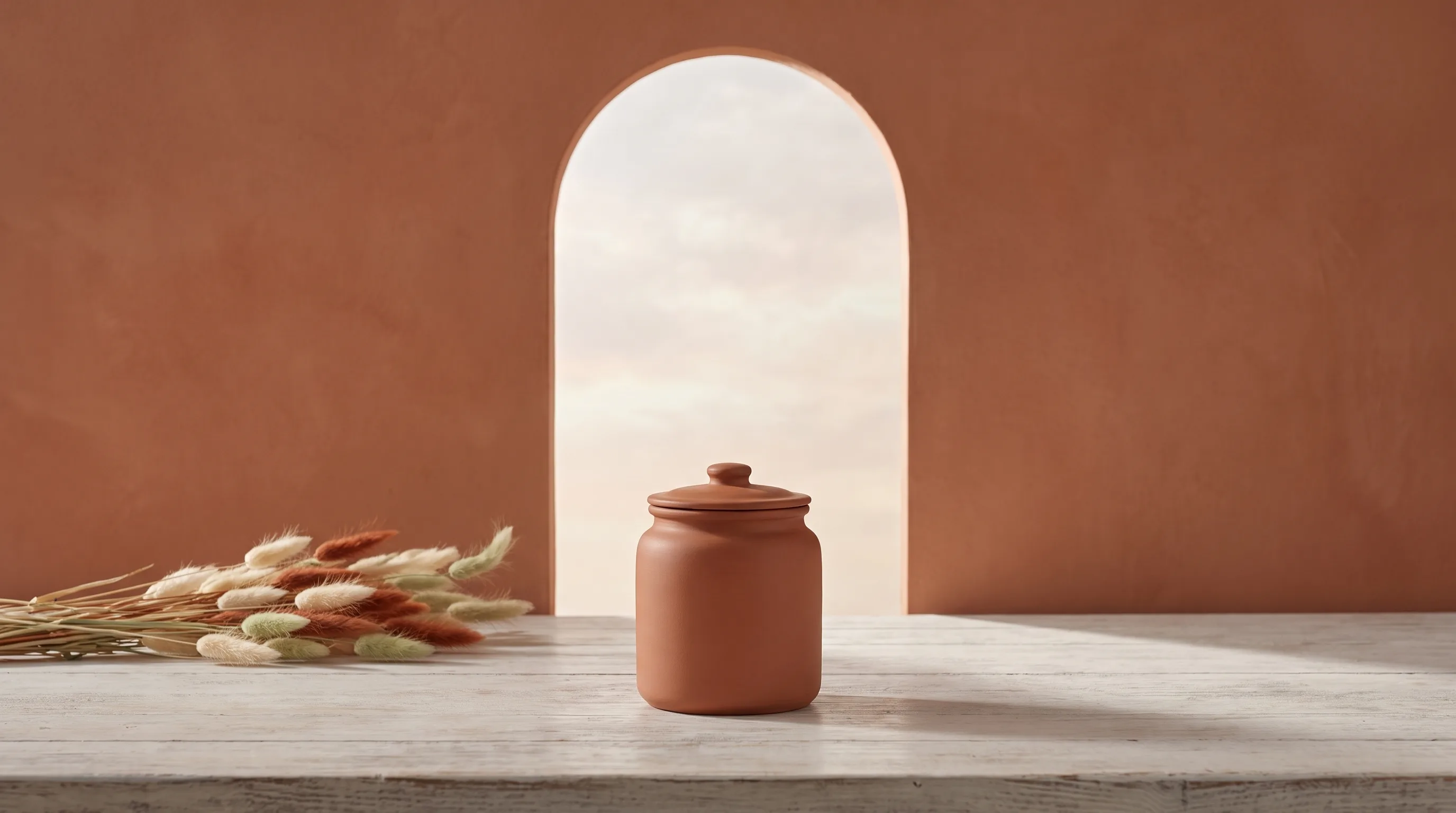 A single lidded clay jar resting at the near edge of a weathered table