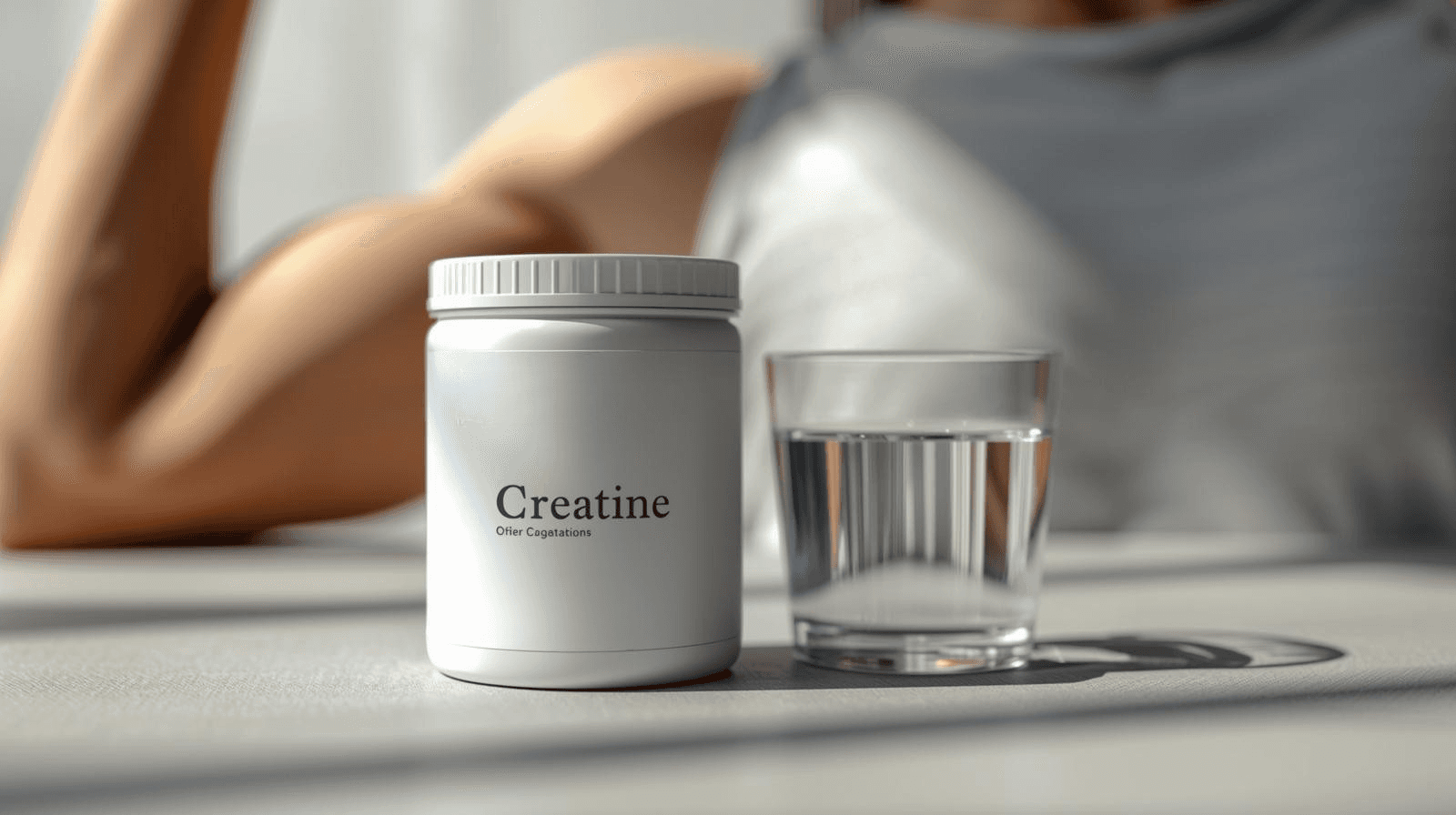 A white jar of creatine supplement sitting next to a glass of water on a table, with a muscular person blurred in the background.