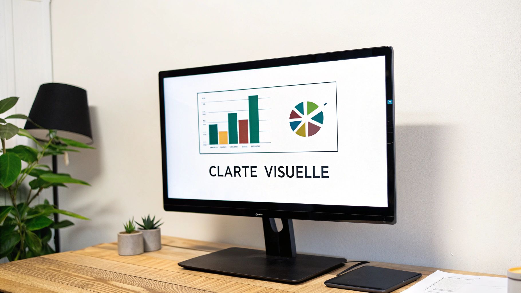 Un moniteur d'ordinateur affiche des graphiques à barres et circulaires avec le texte