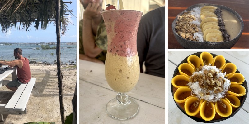 Collage of images of smoothie bowls and the view of the ocean at Shake cafe