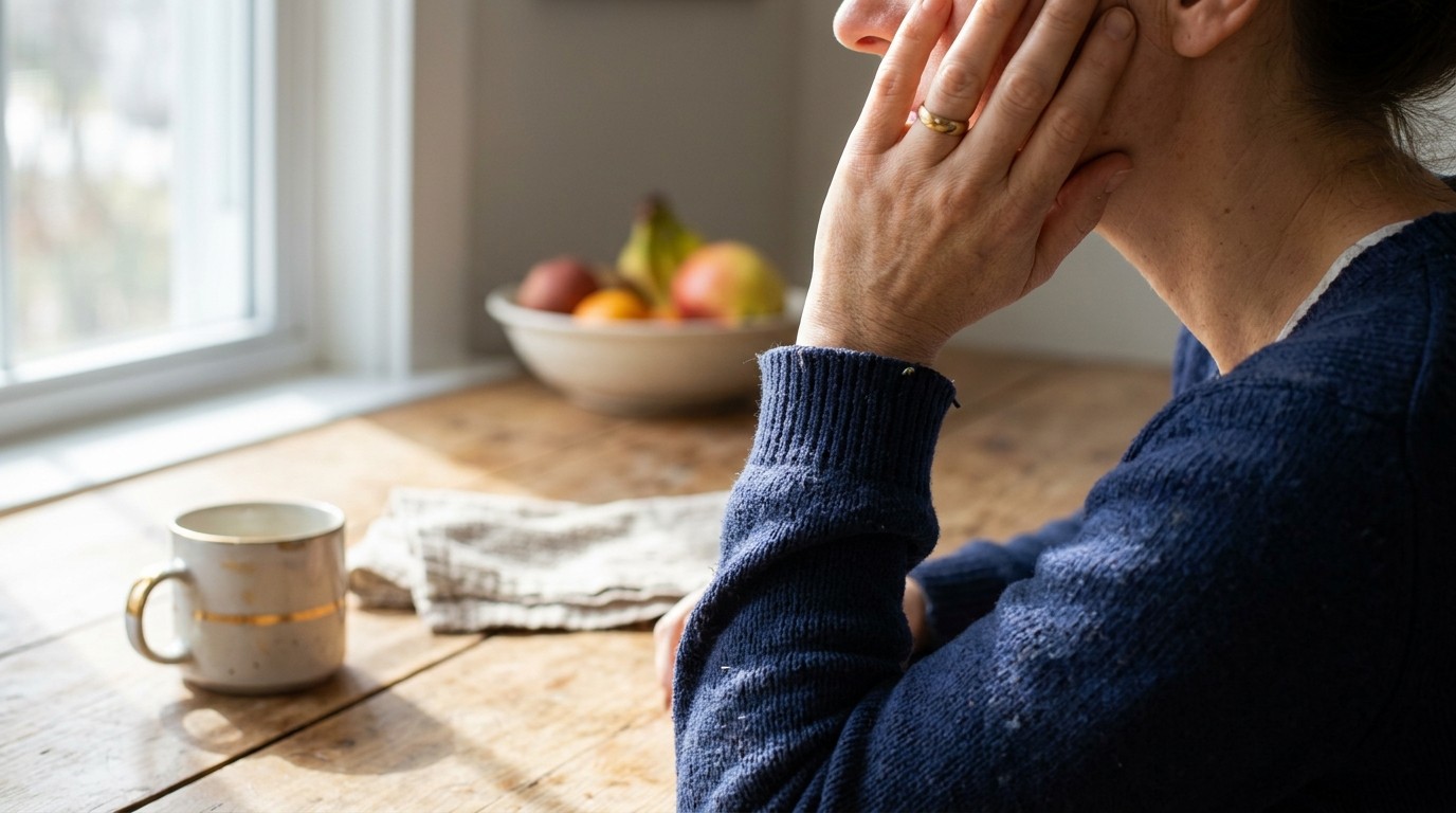 A person rests a hand against their cheek at a sunlit wooden kitchen table with a mug and a bowl of fruit nearby.