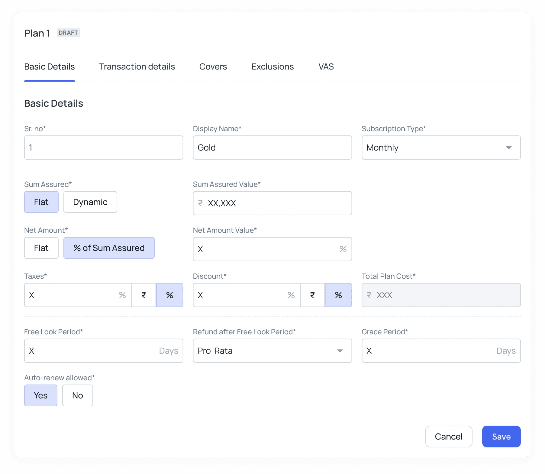 Plan configuration with section tabs