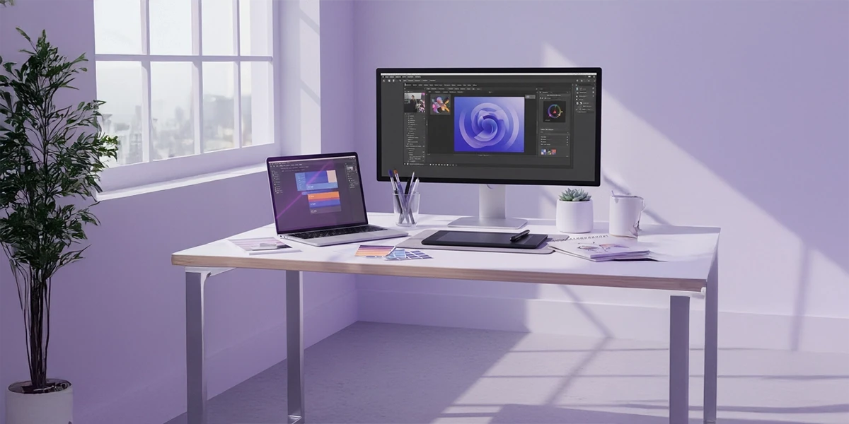 A modern designer's desk with a laptop displaying Figma and a monitor showing Adobe Photoshop, bathed in soft purple light.
