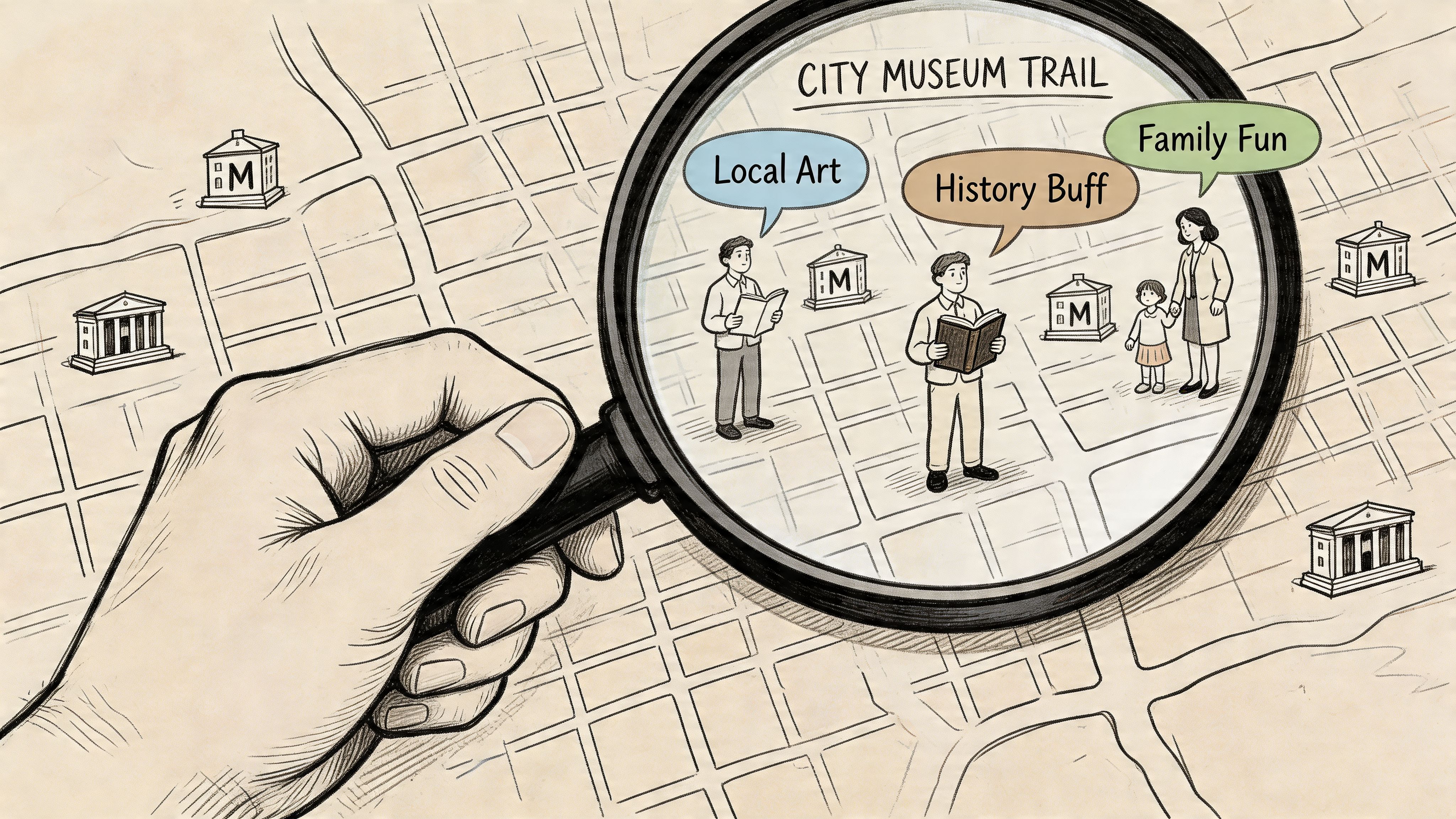 A hand holding a magnifying glass over a stylized city map featuring museum icons and visitors.
