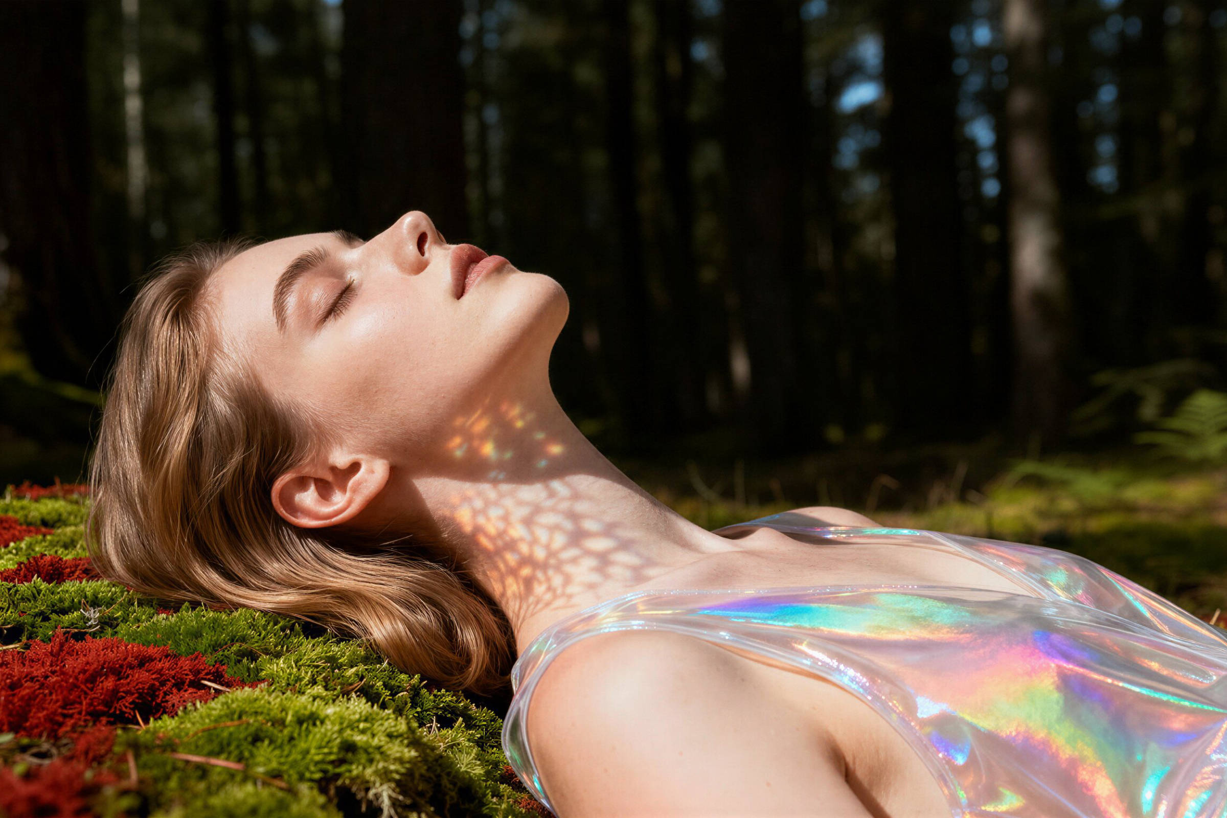 Woman lying on moss in forest with eyes closed