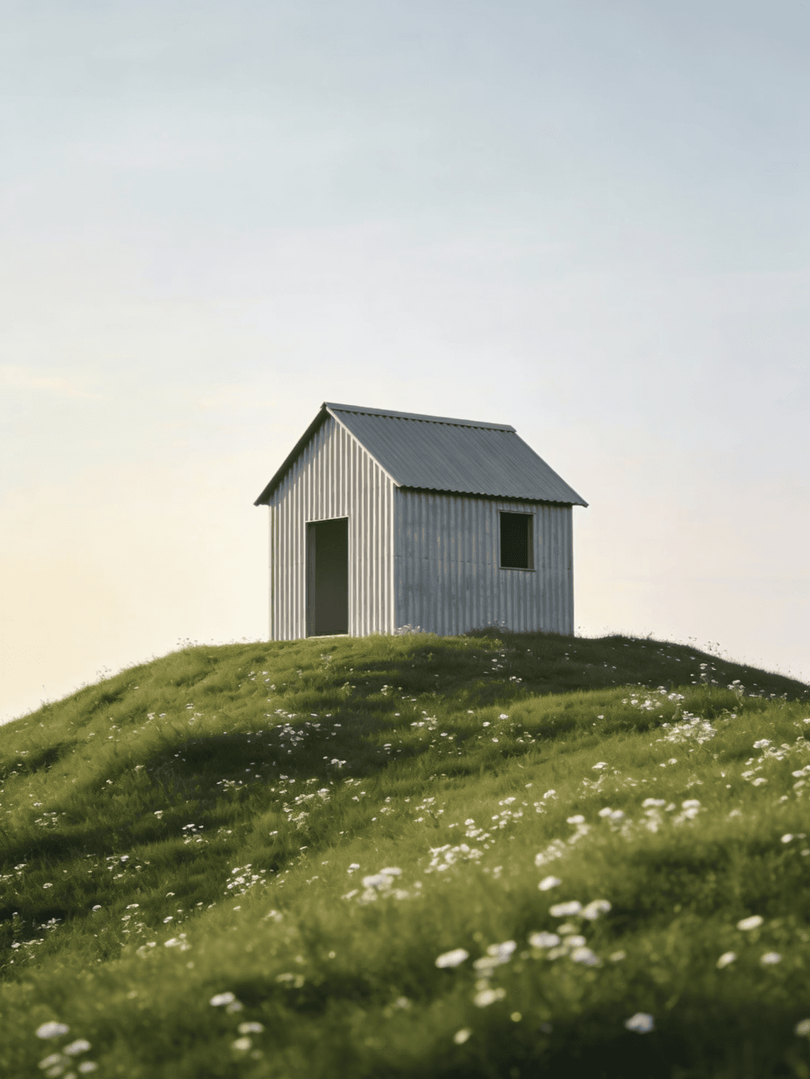 Minimal cabin on a grassy hill covered in wildflowers