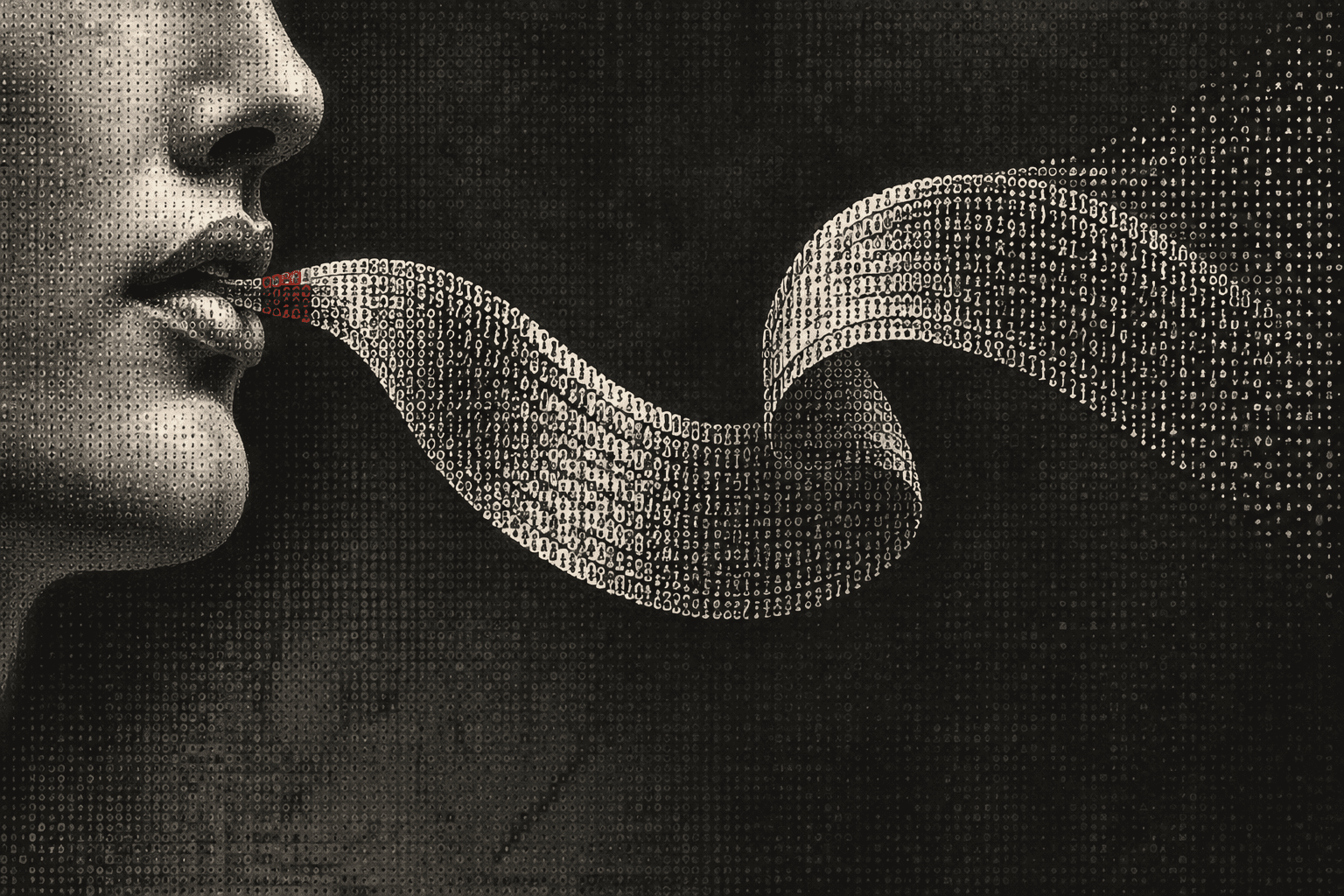 Sculpted marble lips in profile with a long ribbon of characters unfurling from them, a small red tab on the ribbon's first fold