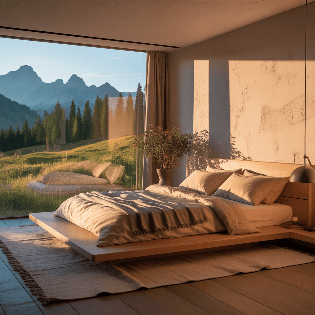 Minimalist alpine bedroom with low platform bed, linen bedding, and golden hour light casting warm shadows across a textured wall, alpine meadow view through floor-to-ceiling window