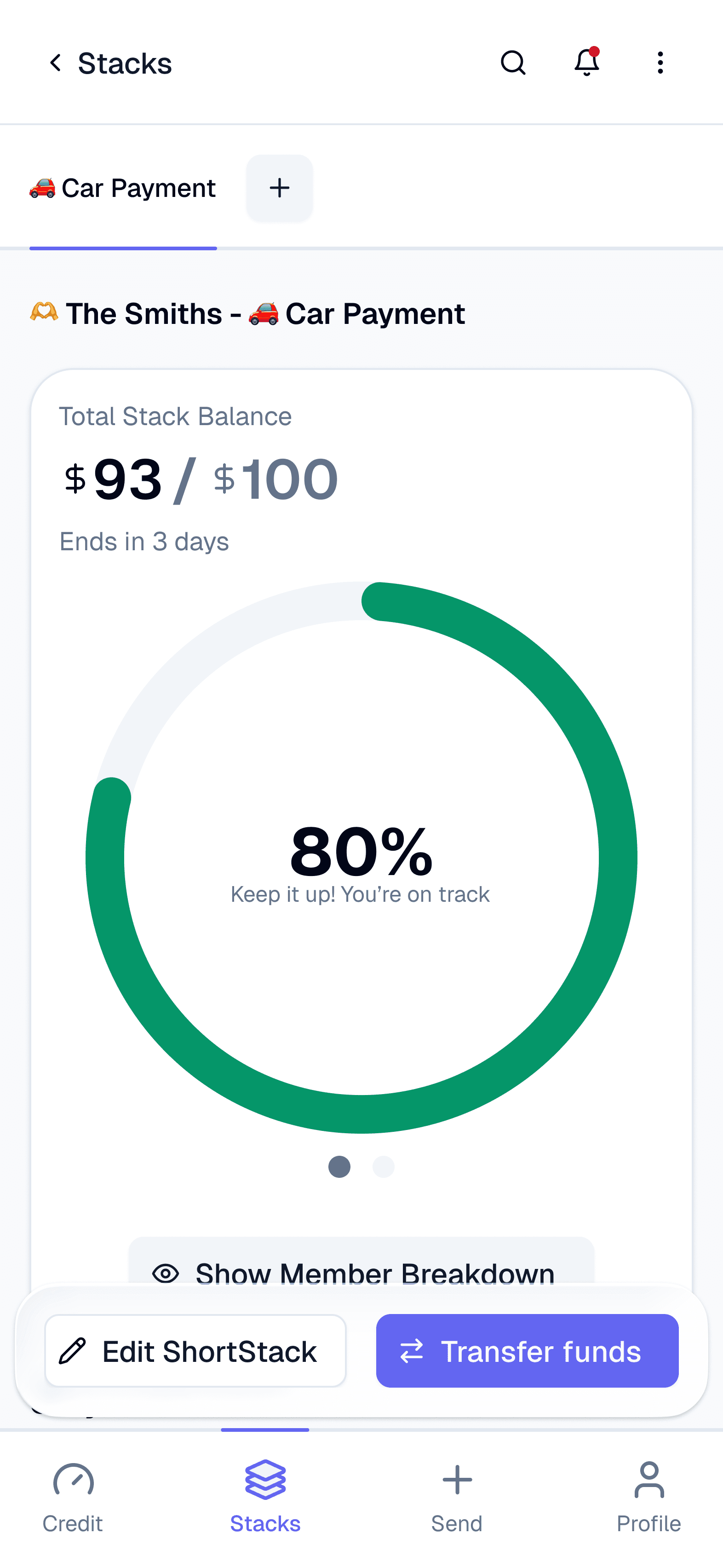 WeStack app showing shared savings progress toward a goal with group contributions and completion percentage