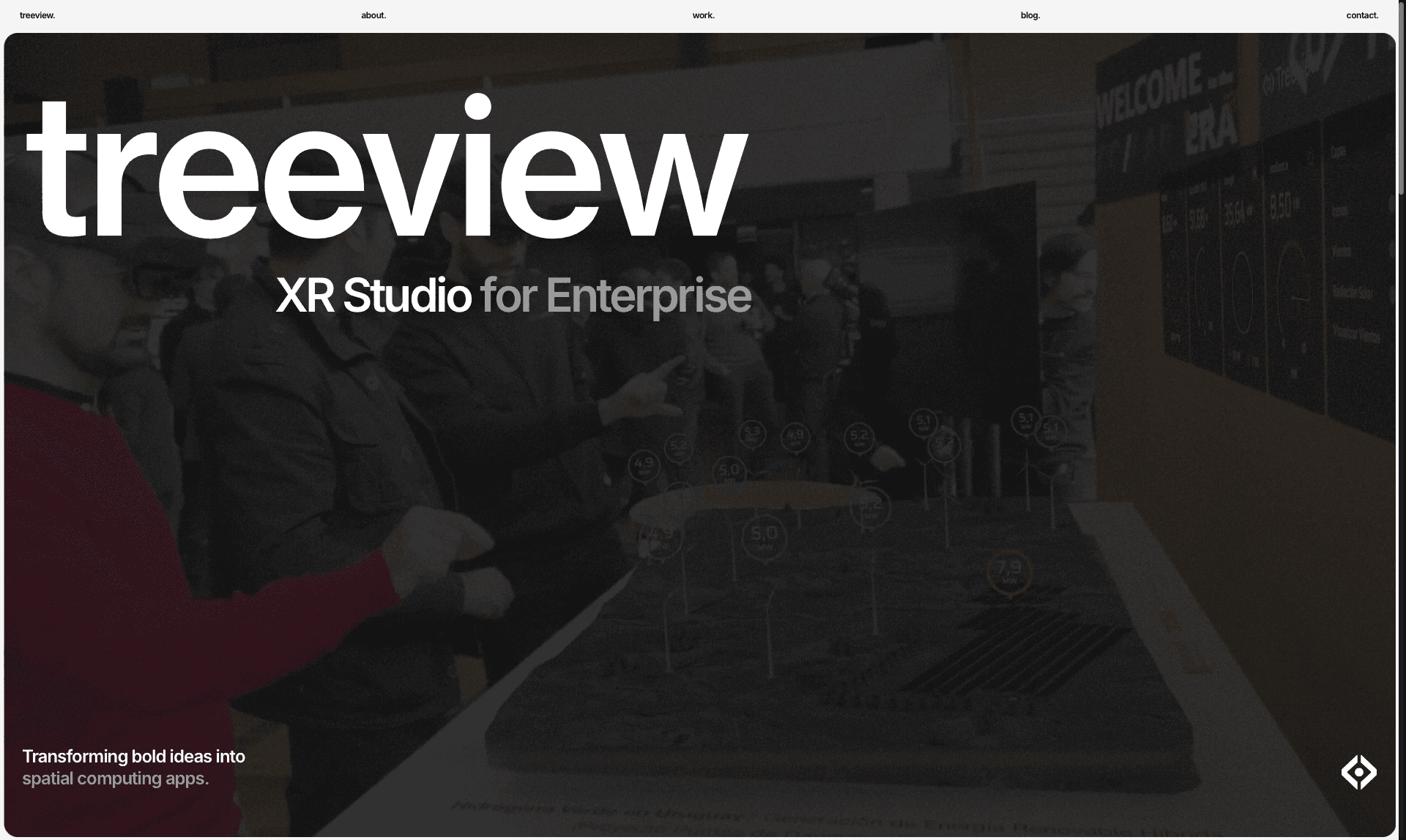 Treeview website homepage showing visitors using a mixed reality wind farm digital twin over a physical terrain model