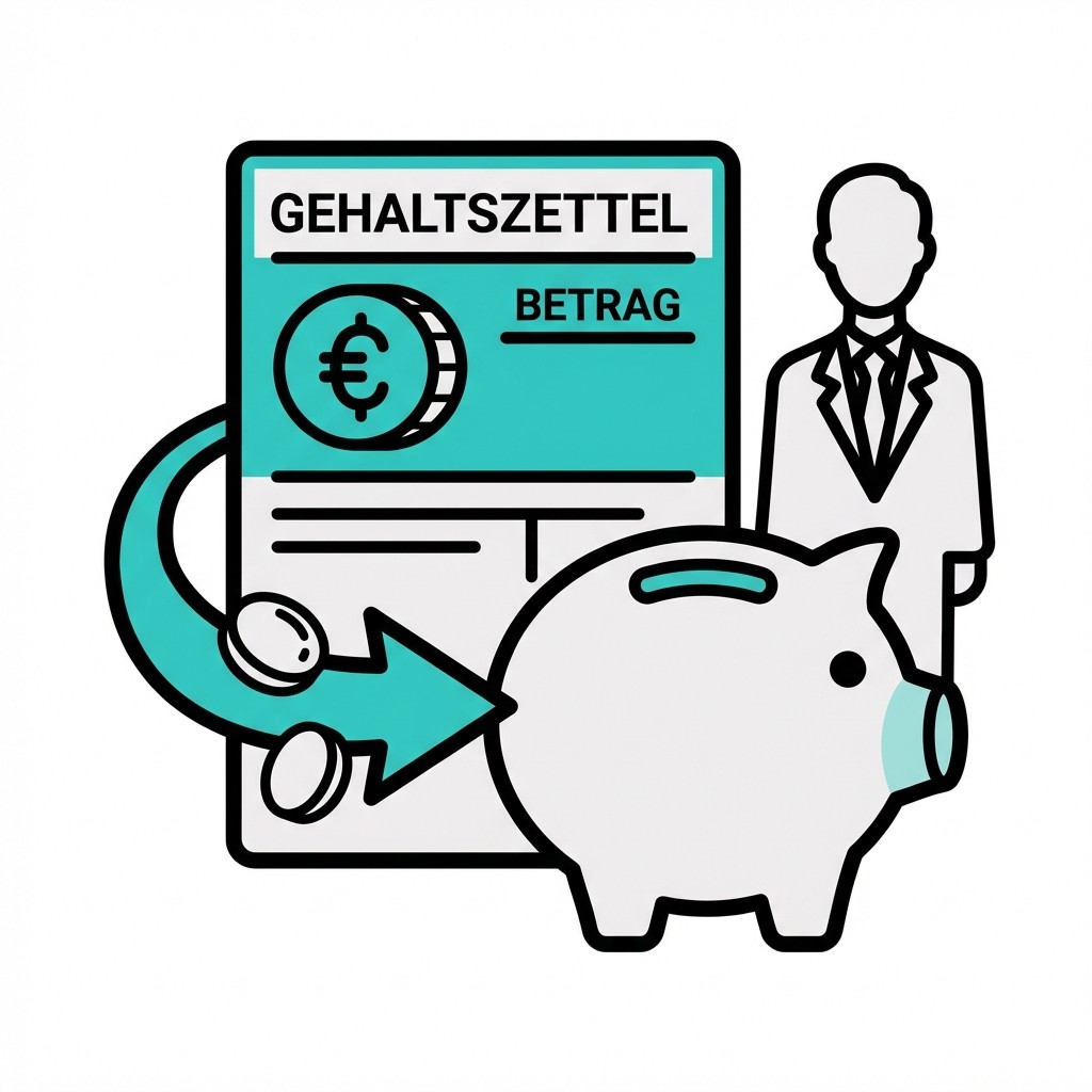 Illustration: Pfeil leitet Münzen vom Gehaltszettel in ein Sparschwein, daneben ein Mann im Anzug. Symbolisiert das Sparen vom Gehalt.