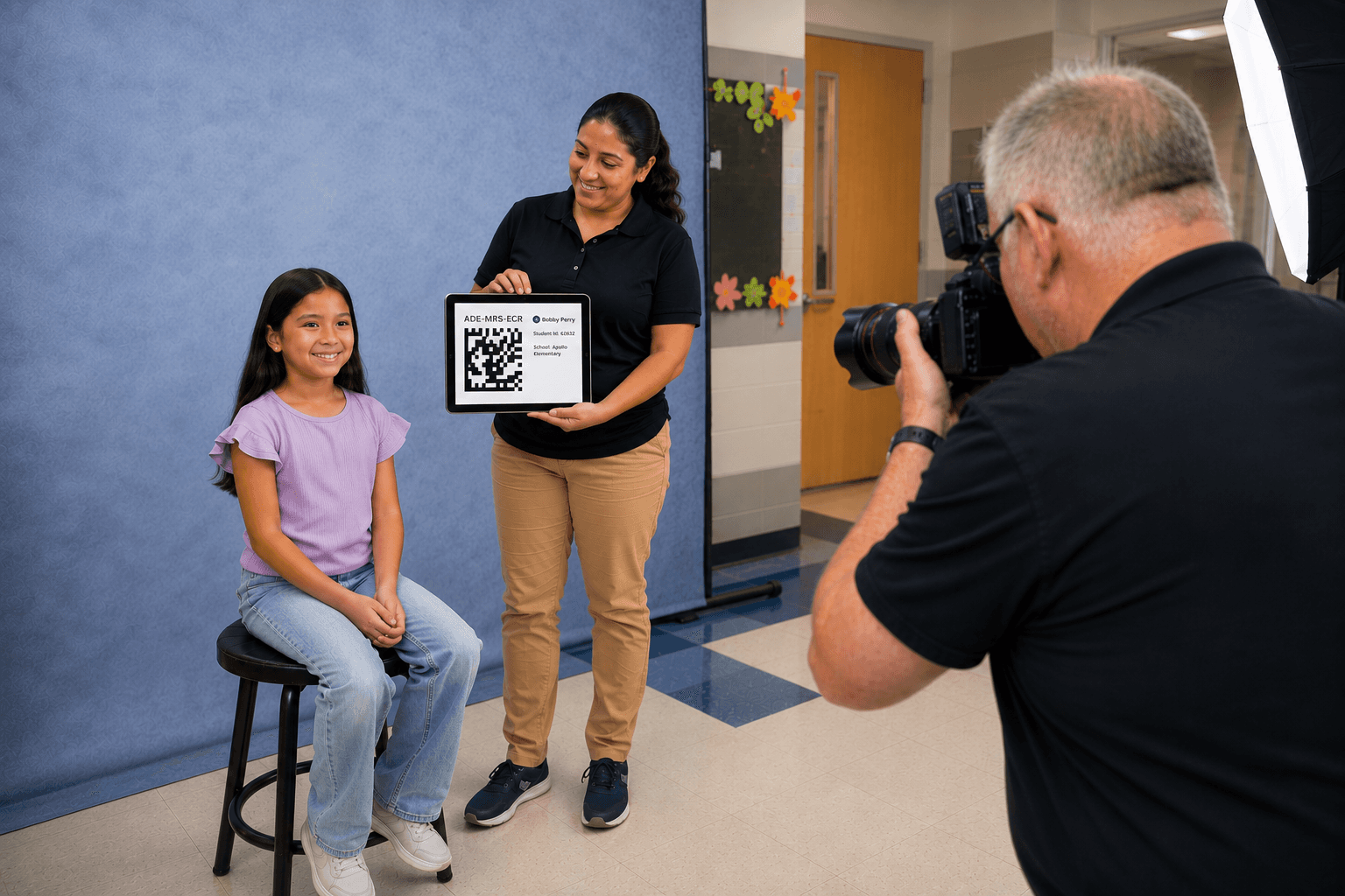 Photography assistant holding an iPad displaying a QR code beneath a student while a school photographer captures a keyframe image during picture day.