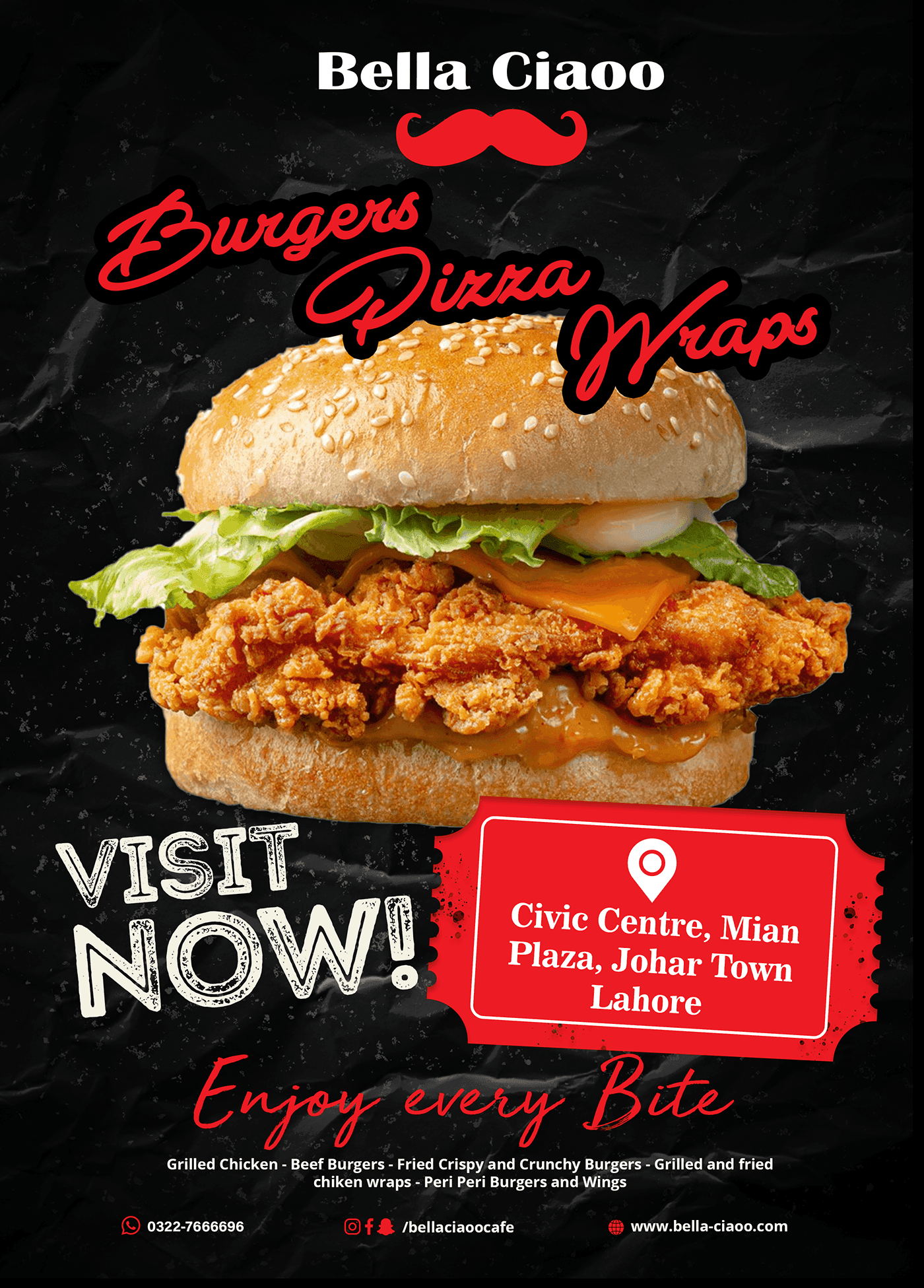 Social media design for Bella Ciaoo restaurant in Johar Town, Lahore.