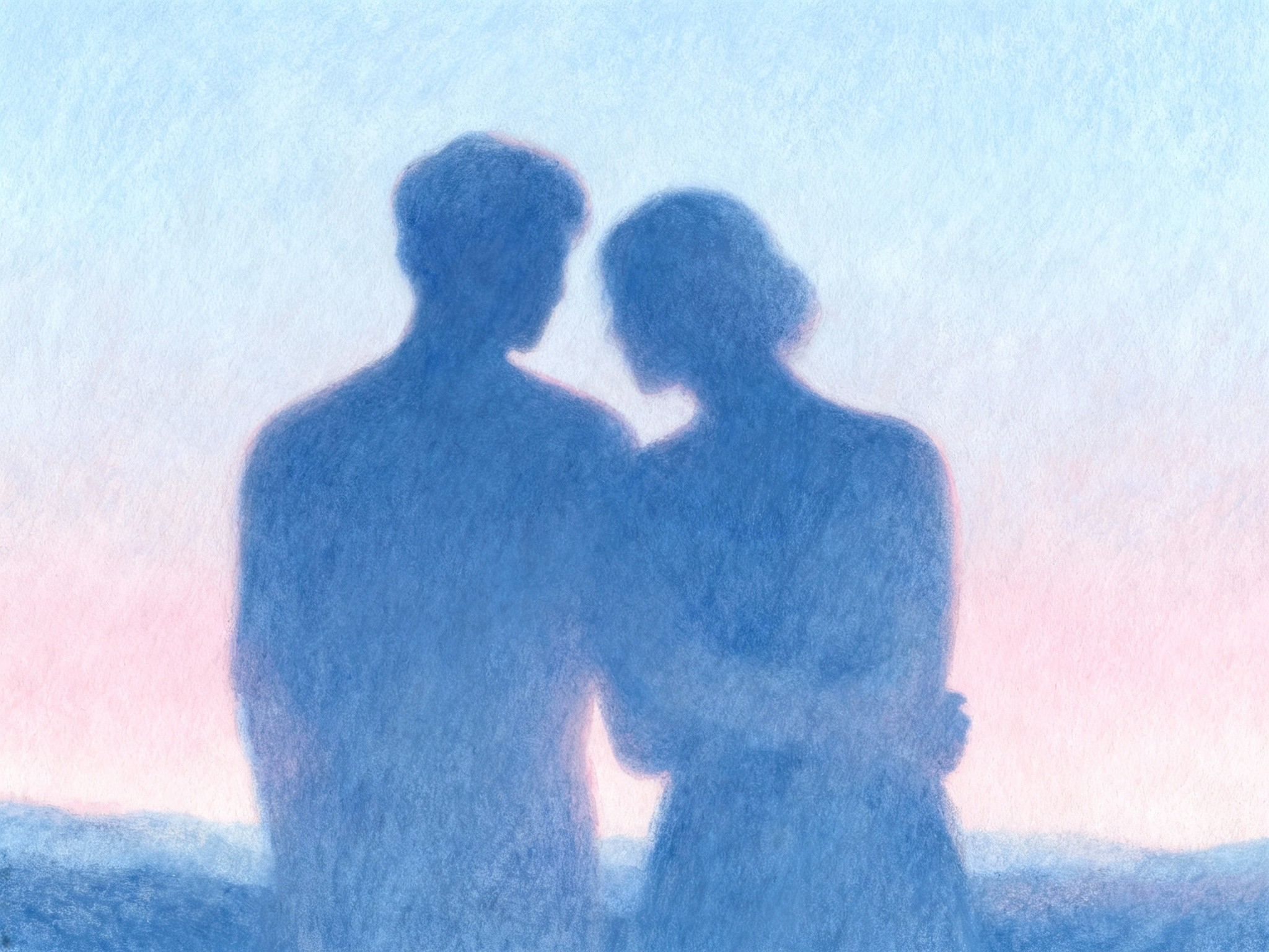 An abstract fine-art illustration of two intertwined yet separate human silhouettes against a