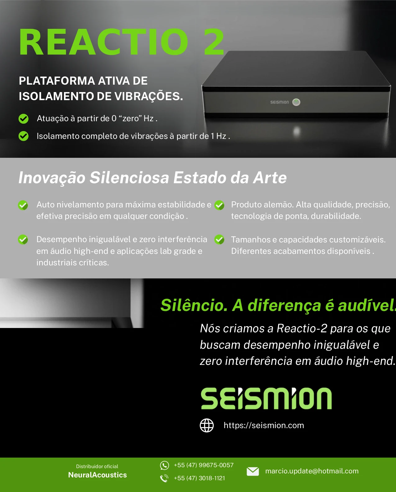 Seismion Reactio 2 — plataforma de isolamento vibracional ativo para áudio hi-end