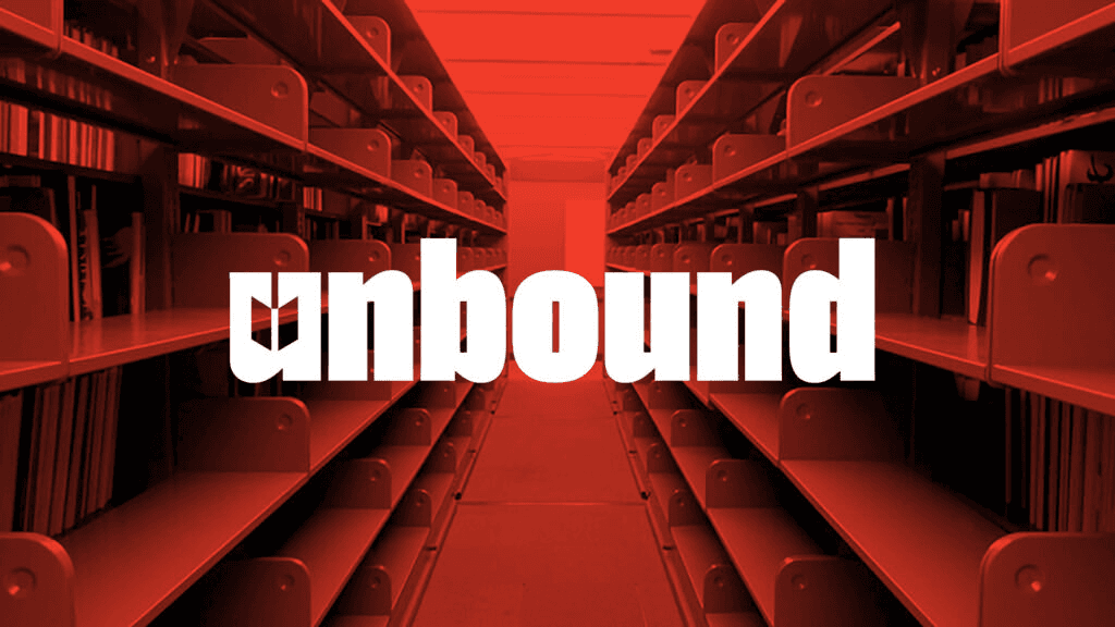A collage of images representing the "Unbound" campaign against book bans, featuring the word "UNBOUND" prominently, statistics on book access loss in the U.S., visual calls to action, and various promotional materials encouraging reading and advocacy.