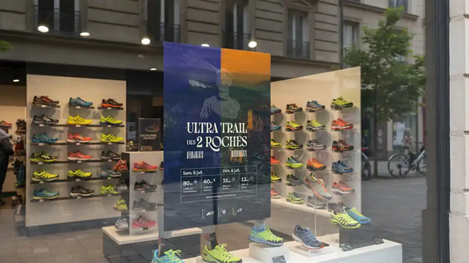 Affiche de l'Ultra Trail des 2 Roches scotchée sur une vitrine de magasin de chaussures.