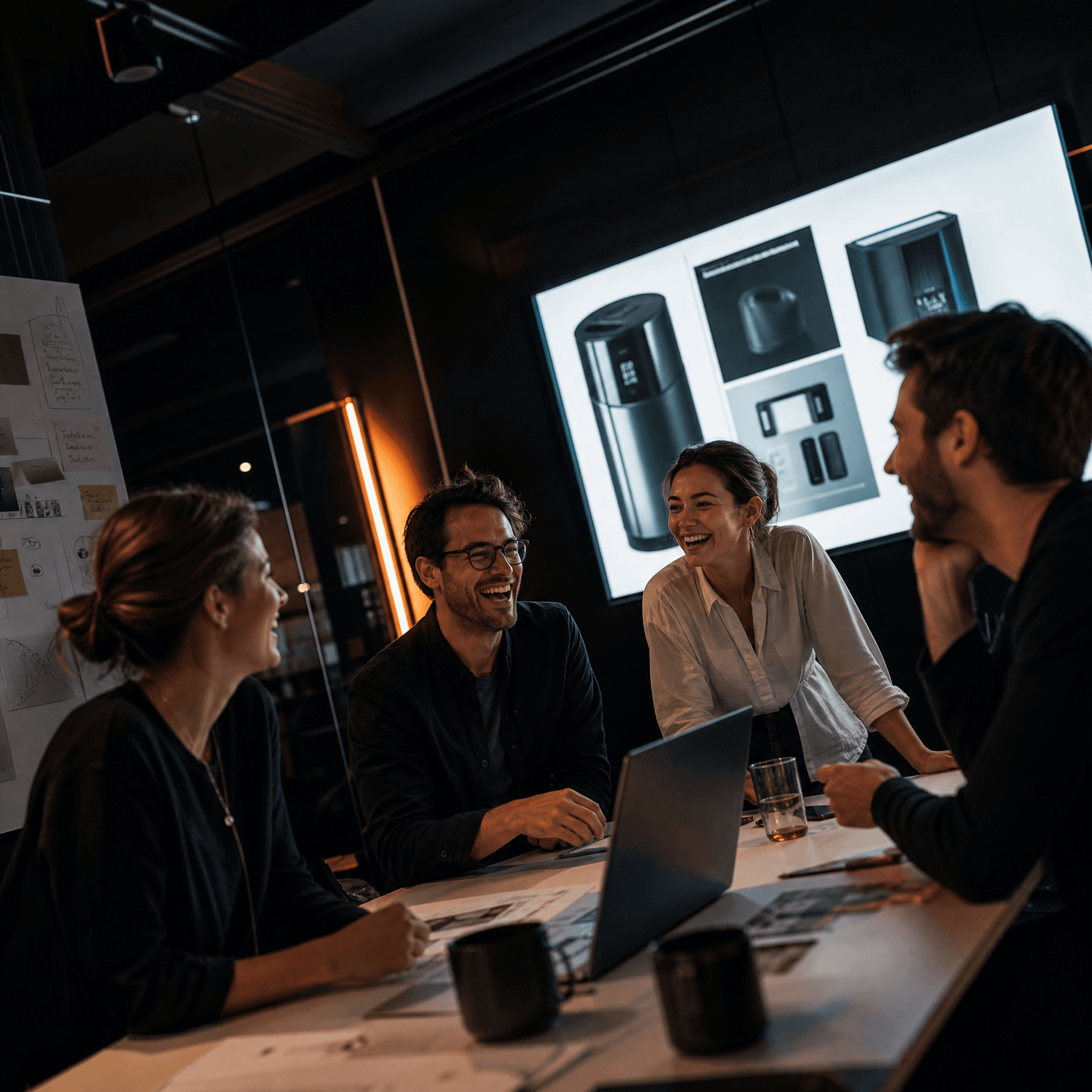 Colleagues laughing during a product review