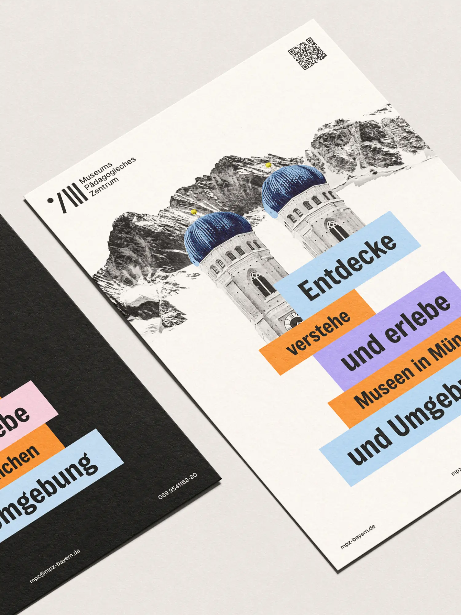 MPZ-Flyer mit Frauenkirche, Alpenmotiv und farbigen Schlagworten „Entdecke Museen“