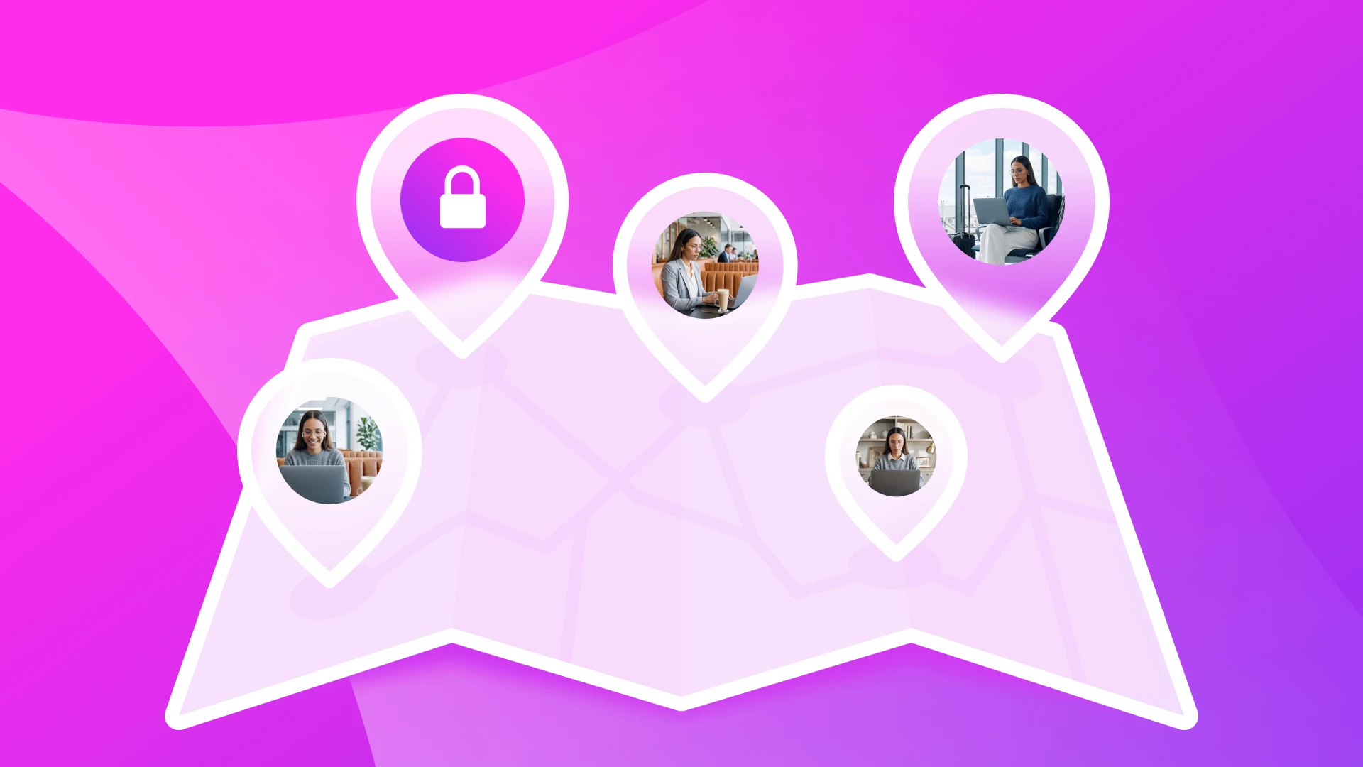 A digital map illustration with location pins showing a remote worker at various sites and a single purple lock icon. This visual represents the breakdown of traditional perimeter-based security and the need for a unified control layer to manage fragmented access across diverse networks and devices.