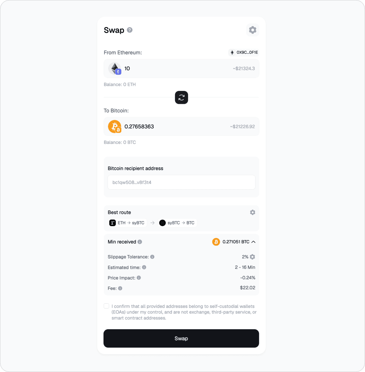 ETH to native BTC on Bitcoin bridge route, Bitcoin recipient address field shown.