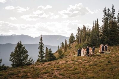 A small wedding ceremony sits among evergreens on a broad mountainside.