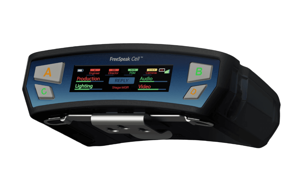 FreeSpeak Cell beltpack displaying the lights-on menu screen.